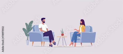 A man seeks therapy, sitting on a sofa, listening for mental health advice from a woman. A psychiatrist and frustrated patient meet in a clinic session for help with anxiety or depression.