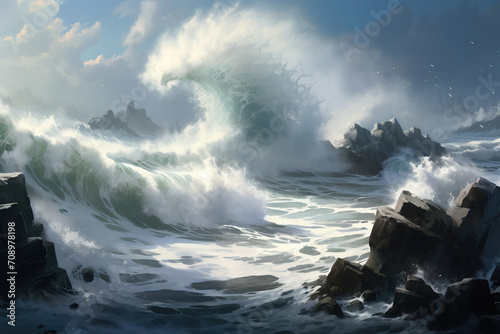 waves crashing on rocks. Generative Ai