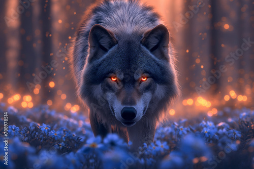 Wolf's Reverie Amidst a Meadow of Blooming Blue Forest Flowers