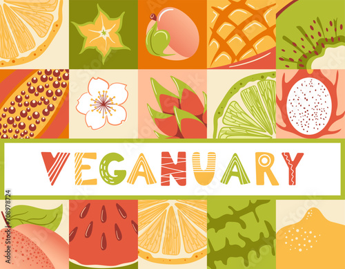 Veganuary. Cartoon Banner. Tropical exotic fruits. Fresh lemon, lime wedges, watermelon, pitahaya dragon, star fruit, papaya, mango and kiwi. Healthly food. Peach Fuzz. Lettering in Scandinavian style