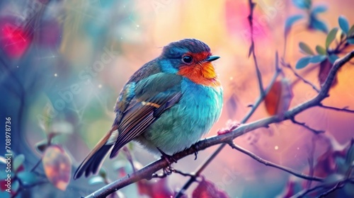  a colorful bird sitting on a tree branch in front of a blurry background of leaves and a tree branch with red, yellow, blue, green, and orange colors.