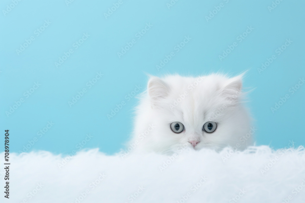 An adorable fluffy white kitten with piercing blue eyes lying on a soft white surface, looking into the camera against a light blue background.