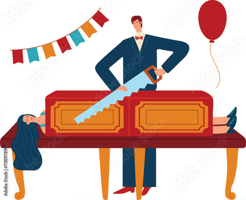 Magician sawing assistant in magic show. Woman in illusion box with man performing trick. Entertainment and magic performance vector illustration.