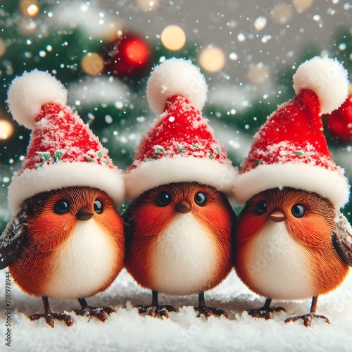 funny Christmas birds wearing adorable little red hats, coming together in the midst of a snowfall