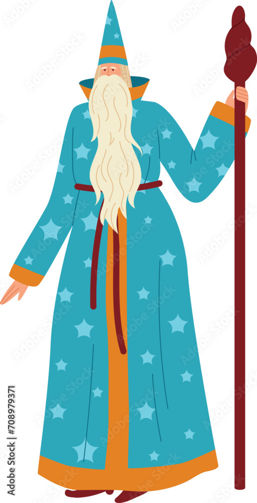 Wizard in blue starry robe holding a staff, long white beard, fantasy ...