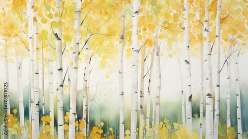 a painting of a grove of trees with yellow and green leaves on the trees and a bird sitting on the tree branch in the foreground of the painting is a white background.