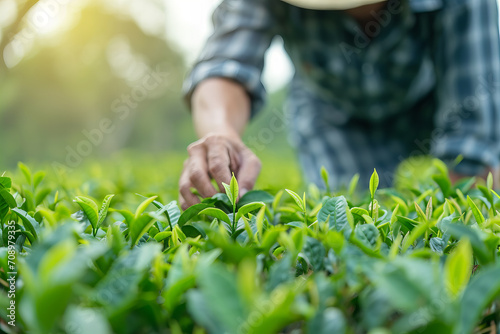 Worker on tea plantation picking tea , harvesting