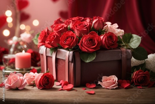 bouquet of red roses on wooden background