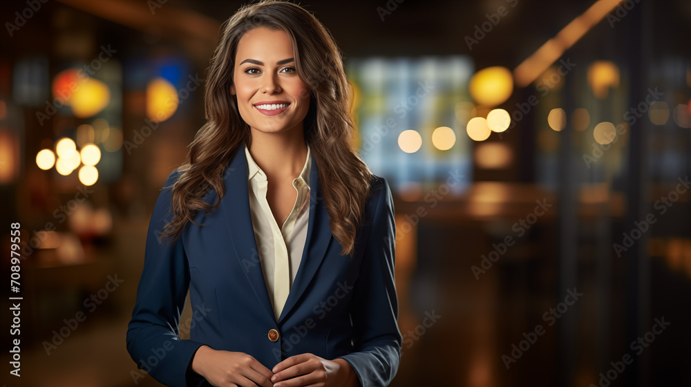 Fototapeta premium A confident middle-aged brunette businesswoman, wearing glasses, standing with crossed arms over an office blur light background