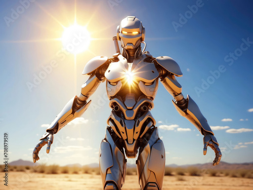 A shiny robot stands in a desert with the sun shining behind it.