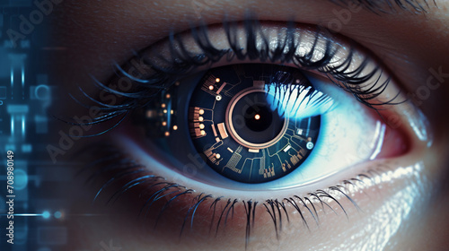 high tech iris, ai, modern technology, cyborg human, future eye enhancement, symbol of progress in technology  © Joshua