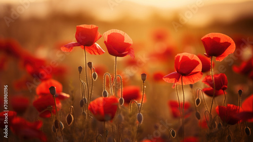 Sun-kissed poppies at dusk, a serene tribute to remembrance and peace