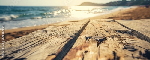 Table wood desk of free space and summer beach landscape © megavectors