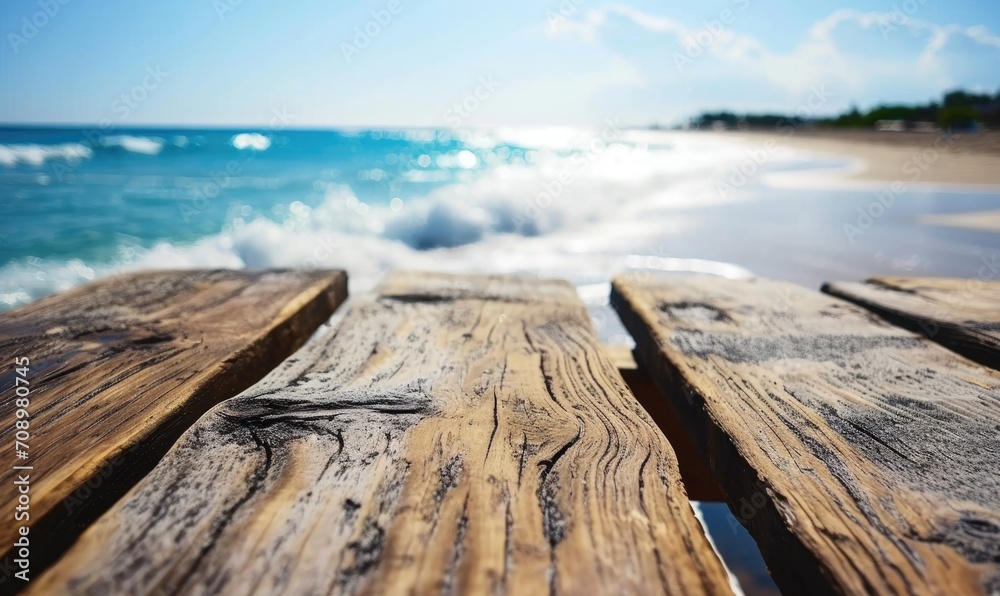 Table wood desk of free space and summer beach landscape Table wood desk of free space and summer beach landscape