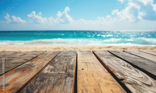 Table wood desk of free space and summer beach landscape