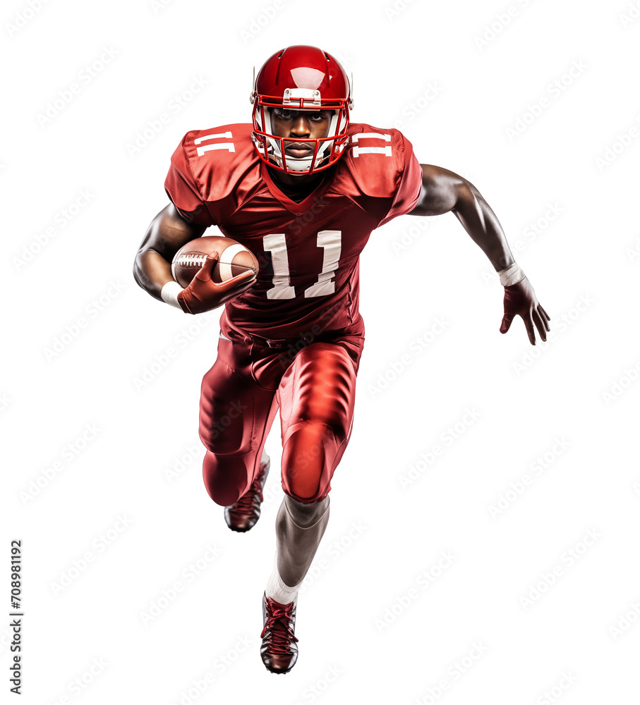 American football rushing fast holding a ball, isolated background