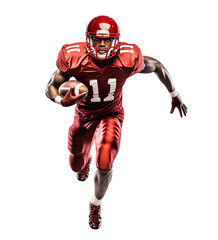 American football rushing fast holding a ball, isolated background