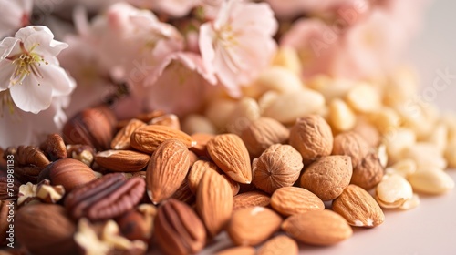  a pile of nuts and almonds sitting next to each other on a white surface with pink flowers on the left side of the image and on the right side of the image.