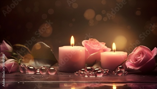 Romantischer rosa Hintergrund mit Rosen und Kerzen (KI-/AI-generiert)
