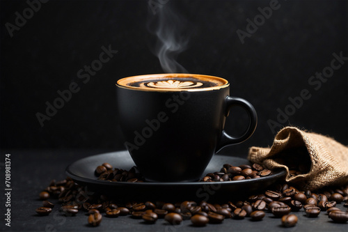 photo of a cup of coffee and a bag of coffee beans on the table 5