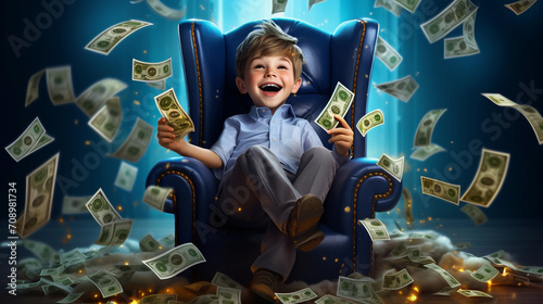 young person saving money, successful business, sitting on chair with money rain, symbol of young entrepreneur, avatar