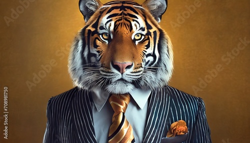tiger dressed in an elegant and modern suit with a nice tie fashion portrait of an anthropomorphic animal feline shooted in a charismatic human attitude generative ai