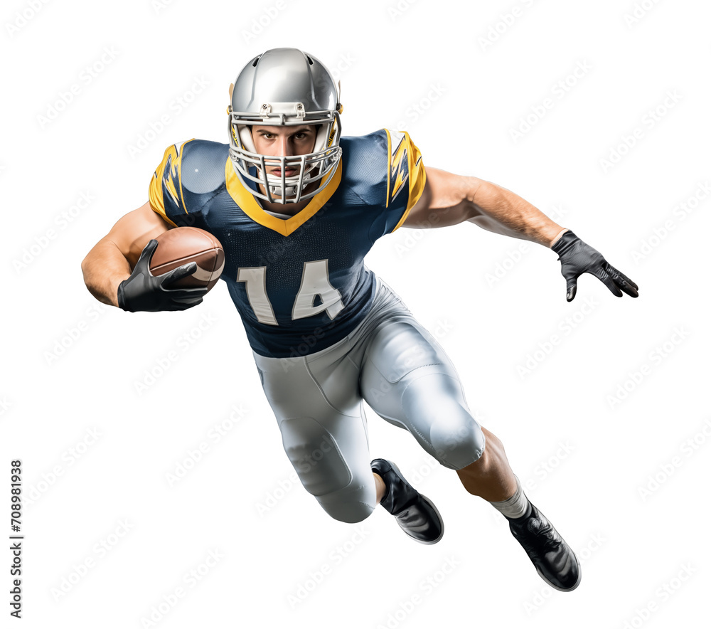 Gridiron running back player running with a ball on isolated background