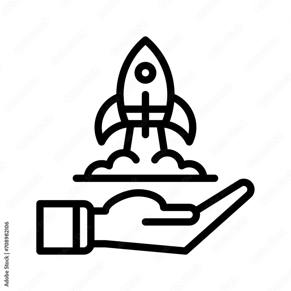 rocket icon and hand icon outline black style. Business and finance icons rocket icon and hand icon outline black style. Business and finance icons