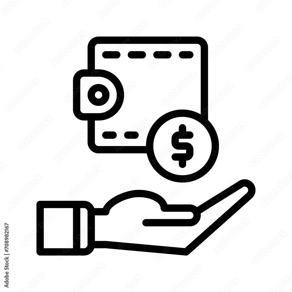 porse wallet coin cash icon and hand icon outline black style. Business and finance icons porse wallet coin cash icon and hand icon outline black style. Business and finance icons