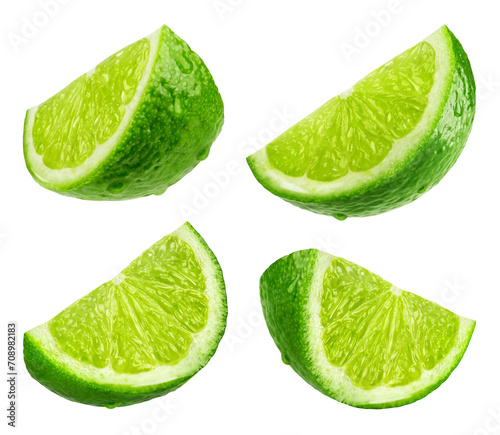 Citrus isolated. Collection of lime pieces in water drops from different angles on a transparent background.