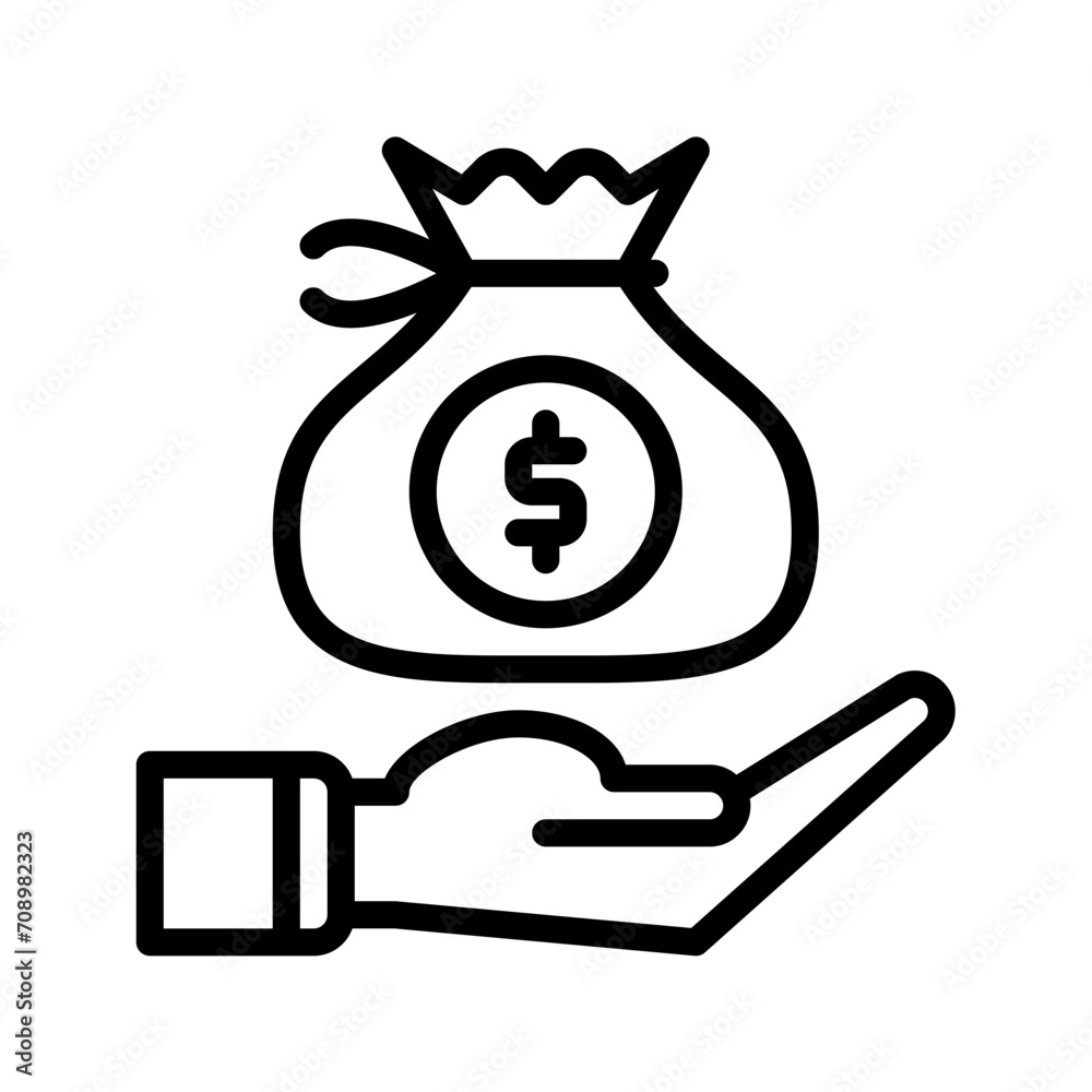sack coin dollar and hand icon outline black style. Business and finance icons sack coin dollar and hand icon outline black style. Business and finance icons