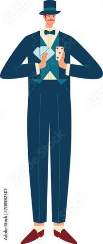 Magician holding cards, wearing suit and top hat, smiling confidently. Performing magic trick with playing cards. Magic show entertainer, card tricks vector illustration.