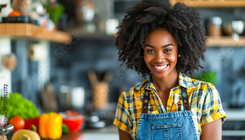 beautiful lucky black woman in the kitchen at home, smiling