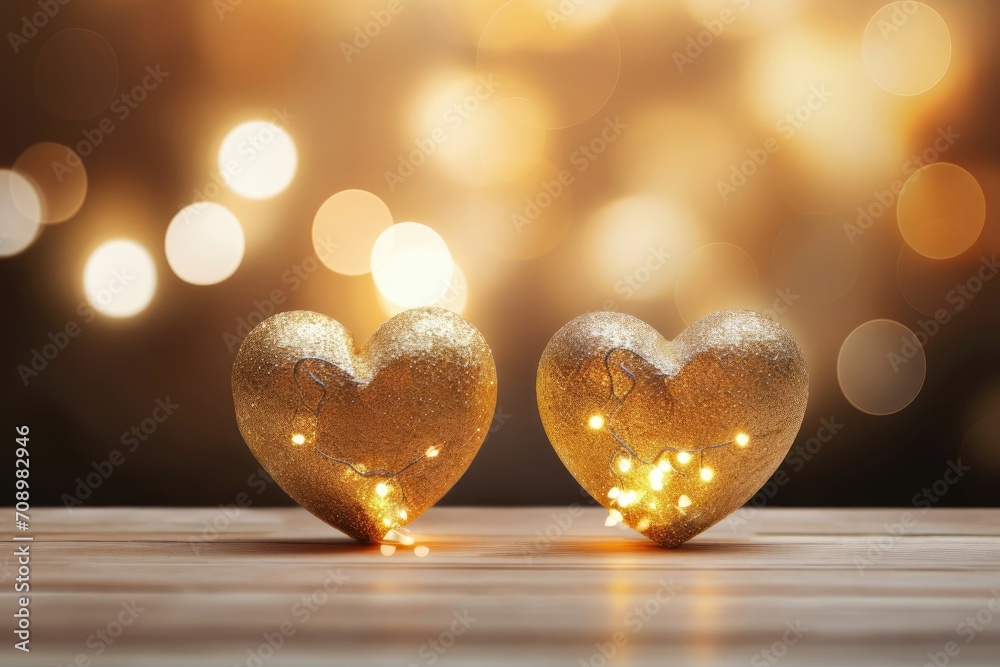 Glittery heart-shaped decorations for Valentine's Day on a festive bokeh background. Background for Valentine's Day, Christmas Glittery heart-shaped decorations for Valentine's Day on a festive bokeh background. Background for Valentine's Day, Christmas
