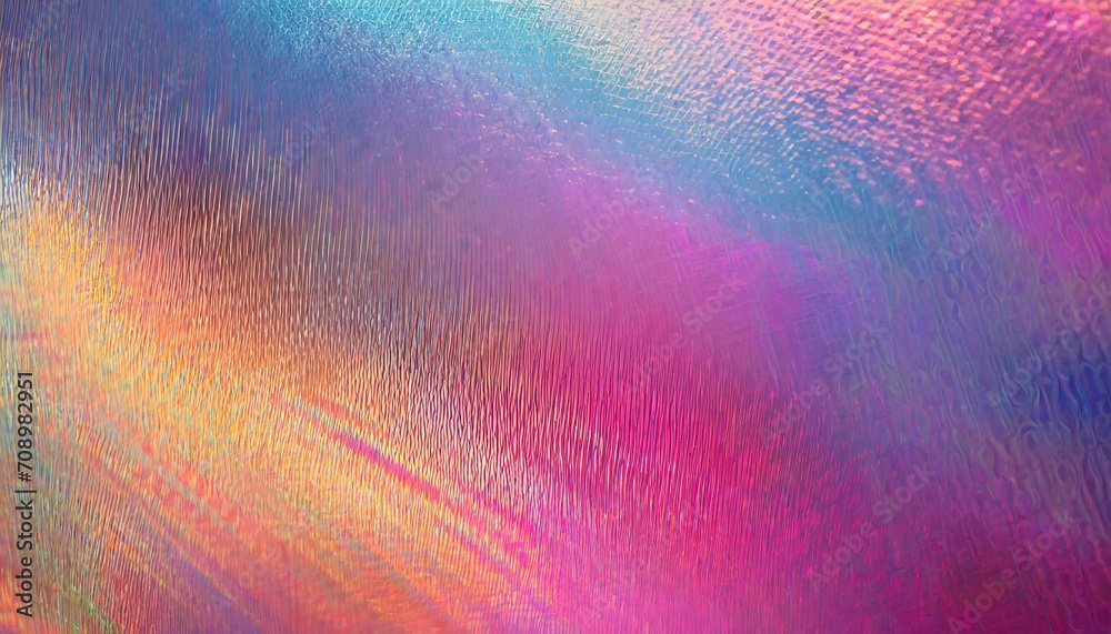 close up of ethereal bright neon pink magenta orange blue purple holographic metallic foil background abstract modern curved blurred surreal futuristic disco rave techno festive backdrop