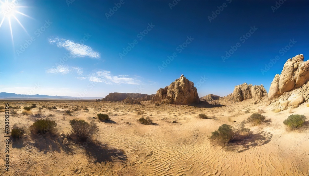 vast desert landscape with rocky formations under a blue sky