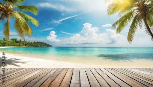 summer beautiful landscape nature of tropical beach with wooden platform sunlight white sand beach palm trees bright sea water and sunny blue sky copy space summer vacation destination concept