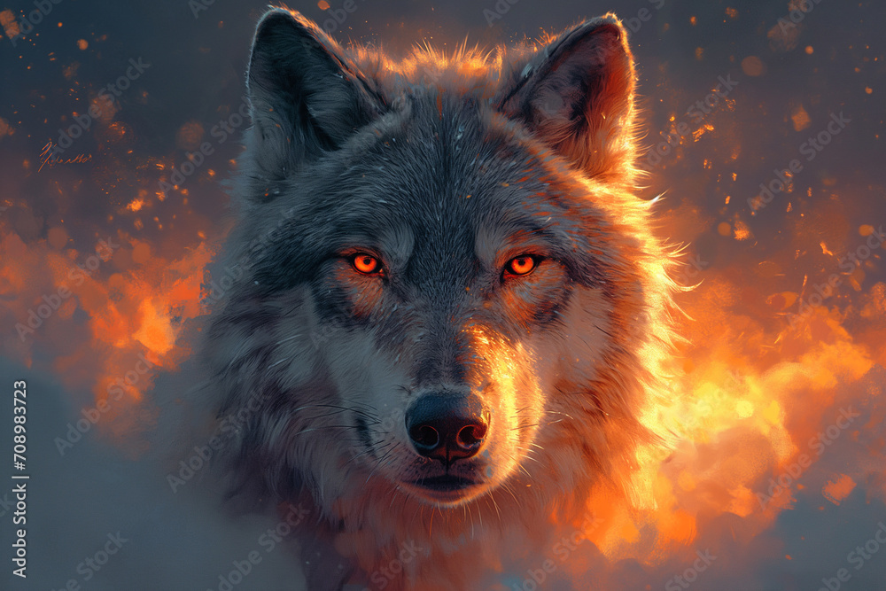 A Wolf's Portrait Amidst the Flames and Ice Symphony A Wolf's Portrait Amidst the Flames and Ice Symphony