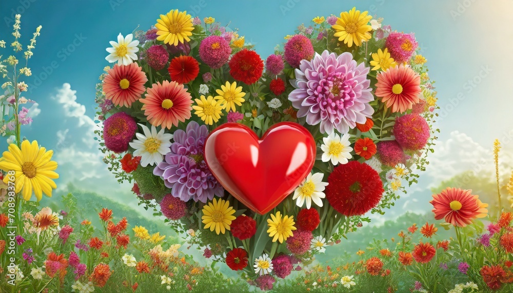 heart with blooming flowers health and disease concept ai generated banner in 3d style