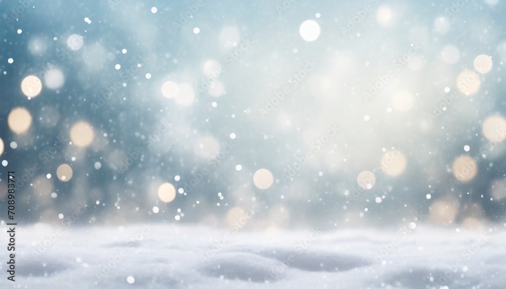 winter christmas background with snow and blurred light bokeh effect