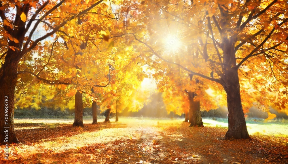 beautiful natural autumn background sunlight shining through orange golden yellow tree foliage fall in a park bright sun beams