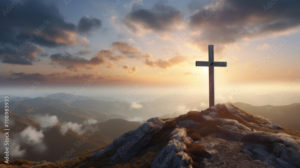 A solitary cross stands atop a mountain at sunrise, symbolizing hope and resurrection against a backdrop of ethereal beauty