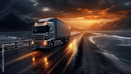 A large truck with a trailer is driving along the highway along a mountain lake against the sunset background. Generated by AI. © index74