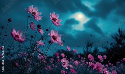Glade Beautiful pink flowers blossom on night skies and full moon © megavectors