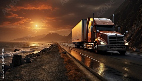 A large truck with a trailer is driving along the highway along a mountain lake against the sunset background. Generated by AI.
