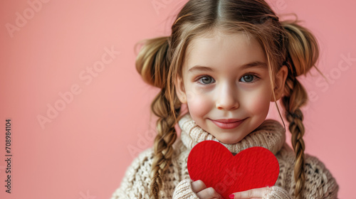 Little beautiful girl holding a heart shaped paper, Valentines day child theme