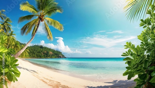 tropical island sea beach beautiful paradise nature panorama landscape coconut palm tree green leaves turquoise ocean water blue sky sun white cloud yellow sand summer holidays vacation travel © Richard