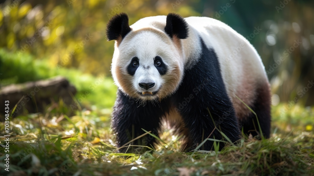 Naklejka premium Captivating Gaze of a Giant Panda in Lush Greenery: A Symbol of Hope - Generative AI