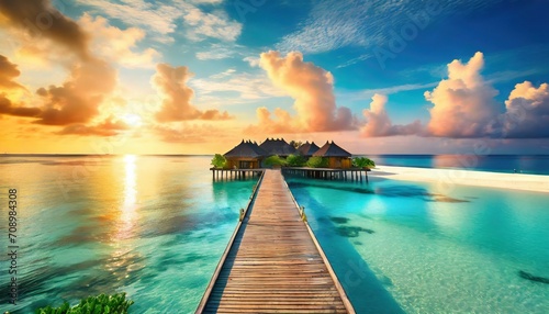 amazing aerial beach landscape beautiful maldives sunset seascape view horizon colorful sea sky clouds over water villa pier pathway tranquil drone view island lagoon tourism travel exotic vacation © Richard