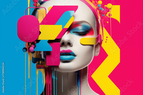 Abstract masterpiece of a woman's face emerged, brought to vivid life through the artistry of CMYK digital printing and design, showcasing beauty in a tapestry of vibrant hues and captivating forms
